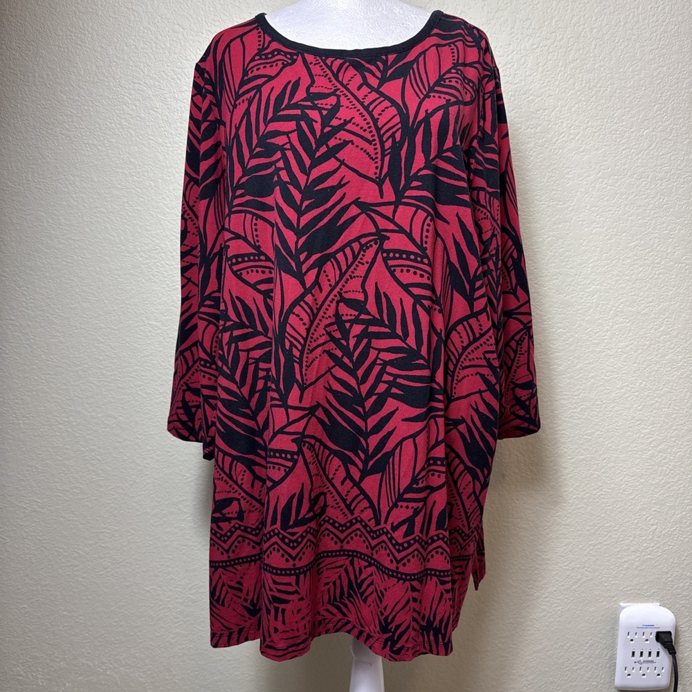 Susan‎ Graver Weekend Palm Leaf Print Tunic Top Red Black Cotton Modal Knit 2X